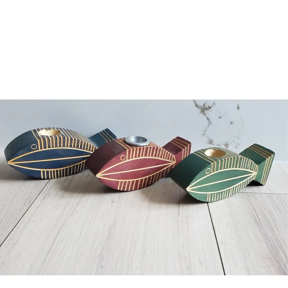 Hand Carved Wooden Fish‎ Decor Set of 3 Coastal Nautical Shelf Art